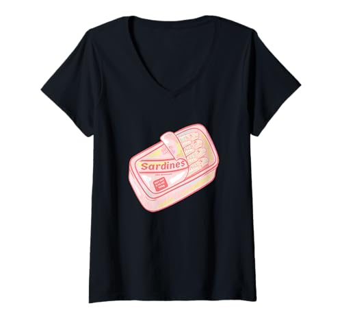 Damen Dose mit Sardinen in Pastell-Pop-Art-Farben T-Shirt mit V-Ausschnitt Damen Dose mit Sardinen in Pastell-Pop-Art-Farben T-Shirt mit V-Ausschnitt von Food Designs by Early Kirky