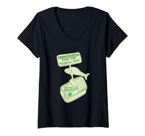 Damen Sardinen in Einer Dose Tierrechtsprotest T-Shirt mit V-Ausschnitt Damen Sardinen in Einer Dose Tierrechtsprotest T-Shirt mit V-Ausschnitt von Food Designs by Early Kirky