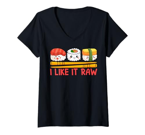 Damen Essen — ich mag es roh T-Shirt mit V-Ausschnitt Damen Essen — ich mag es roh T-Shirt mit V-Ausschnitt von Food Humor Apparel