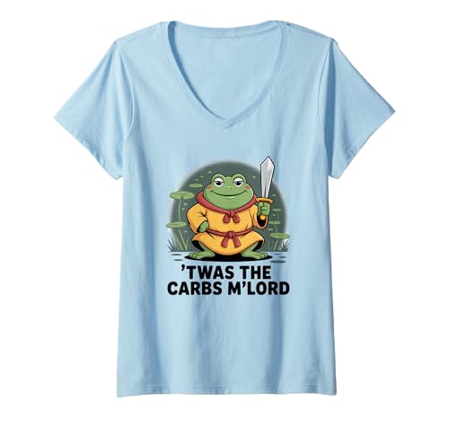 Damen TWAS The Carbs M'Lord Frog Medieval Fantasy T-Shirt mit V-Ausschnitt Damen TWAS The Carbs M'Lord Frog Medieval Fantasy T-Shirt mit V-Ausschnitt von Food Humor Meme