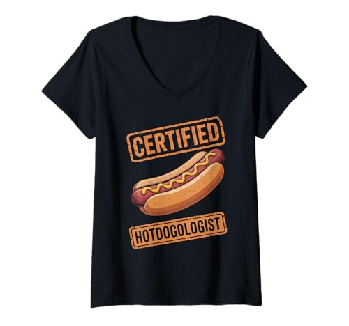 Damen Lustiger Spruch Zertifizierter Hotdogologe Hotdog Liebhaber Frauen Männer T-Shirt mit V-Ausschnitt Damen Lustiger Spruch Zertifizierter Hotdogologe Hotdog Liebhaber Frauen Männer T-Shirt mit V-Ausschnitt von Food Lovers BBQ Fans Grill Chefs Humor Sausage Bun