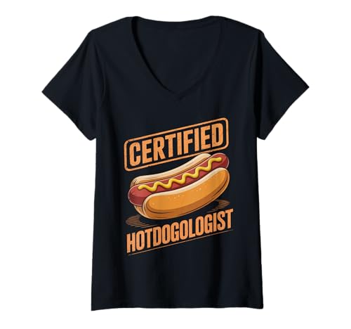 Damen Lustiger Spruch Zertifizierter Hotdogologe Hotdog Liebhaber Frauen Männer T-Shirt mit V-Ausschnitt von Food Lovers BBQ Fans Grill Chefs Humor Sausage Bun