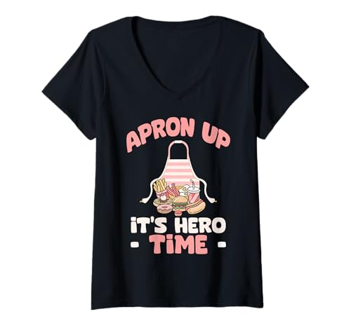Damen Schürze Up Its Hero Time Lunch Lady Food Service Worker T-Shirt mit V-Ausschnitt Damen Schürze Up Its Hero Time Lunch Lady Food Service Worker T-Shirt mit V-Ausschnitt von Food Service Worker Lunch Lady Cafeteria Team