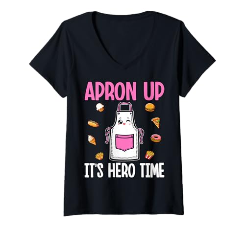 Damen Schürze Up Its Hero Time Food Service Worker Lunch Lady T-Shirt mit V-Ausschnitt Damen Schürze Up Its Hero Time Food Service Worker Lunch Lady T-Shirt mit V-Ausschnitt von Food Service Worker Lunch Lady Team Crew