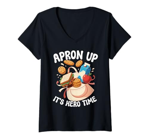 Damen Schürze Up Its Hero Time Food Service Worker Lunch Lady T-Shirt mit V-Ausschnitt Damen Schürze Up Its Hero Time Food Service Worker Lunch Lady T-Shirt mit V-Ausschnitt von Food Service Worker Lunch Lady
