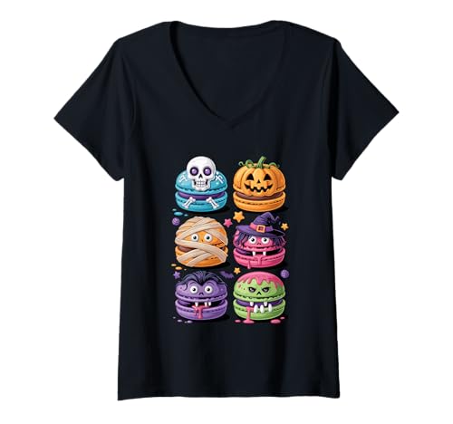 Damen Halloween Makronen Macaron Skelett Hexe Mumie T-Shirt mit V-Ausschnitt Damen Halloween Makronen Macaron Skelett Hexe Mumie T-Shirt mit V-Ausschnitt von Food Snack Lover Gifts