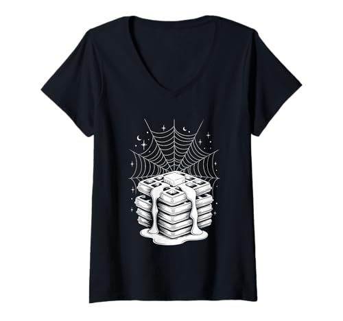 Damen Halloween Spinnennetz Waffeln Waffel T-Shirt mit V-Ausschnitt von Food Snack Lover Gifts