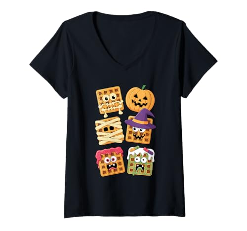 Damen Halloween Waffeln Skelett Hexe Mumie Waffel T-Shirt mit V-Ausschnitt von Food Snack Lover Gifts