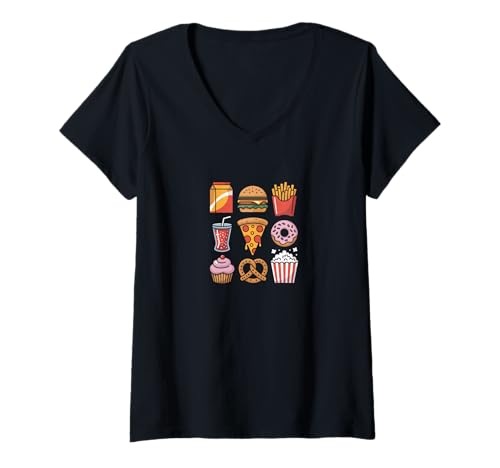 Damen American Fast Food Snacks Cafe Piza Cupcake Popcorn T-Shirt mit V-Ausschnitt Damen American Fast Food Snacks Cafe Piza Cupcake Popcorn T-Shirt mit V-Ausschnitt von Food and Gifts Everywhere