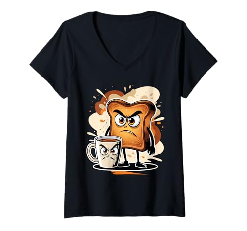 Damen Grimmiger Toast und Kaffee Cartoon Illustration T-Shirt mit V-Ausschnitt Damen Grimmiger Toast und Kaffee Cartoon Illustration T-Shirt mit V-Ausschnitt von Food of the World - Breakfast