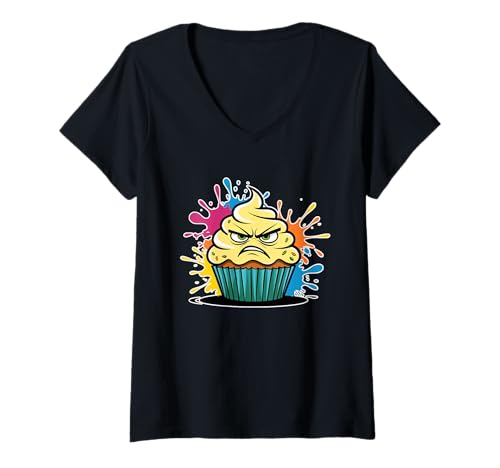 Damen Grimmiger Cupcake Cartoon Illustration T-Shirt mit V-Ausschnitt Damen Grimmiger Cupcake Cartoon Illustration T-Shirt mit V-Ausschnitt von Food of the World - Cupcake