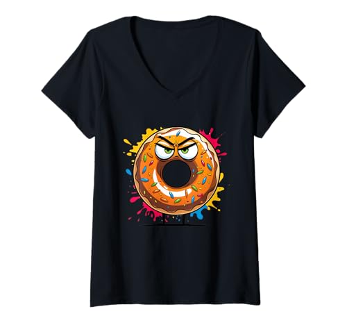 Damen Wütender Donut Cartoon Food Illustration T-Shirt mit V-Ausschnitt Damen Wütender Donut Cartoon Food Illustration T-Shirt mit V-Ausschnitt von Food of the World - Donut