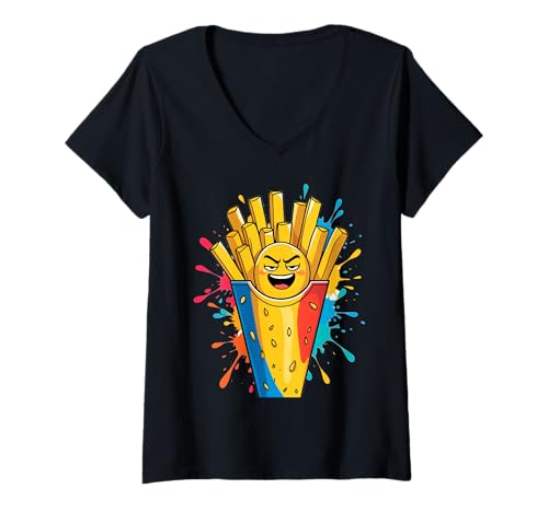 Damen Pommes Cartoon Food Illustration Farbspritzer T-Shirt mit V-Ausschnitt von Food of the World - French Fries