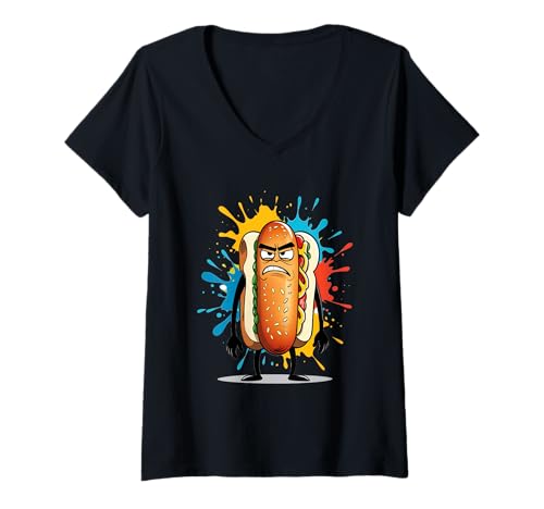 Damen Wütender Hotdog Cartoon Figur Farbspritzer T-Shirt mit V-Ausschnitt Damen Wütender Hotdog Cartoon Figur Farbspritzer T-Shirt mit V-Ausschnitt von Food of the World - Hotdog