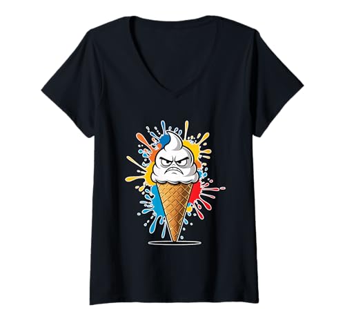 Damen Wütendes EIS Cartoon Hörnchen Illustration T-Shirt mit V-Ausschnitt Damen Wütendes EIS Cartoon Hörnchen Illustration T-Shirt mit V-Ausschnitt von Food of the World - Ice Cream