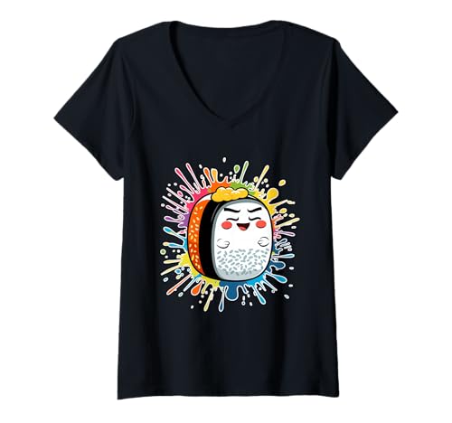 Damen Cartoon Sushi Rolle Mit Buntem Splash Effekt T-Shirt mit V-Ausschnitt Damen Cartoon Sushi Rolle Mit Buntem Splash Effekt T-Shirt mit V-Ausschnitt von Food of the World - Sushi