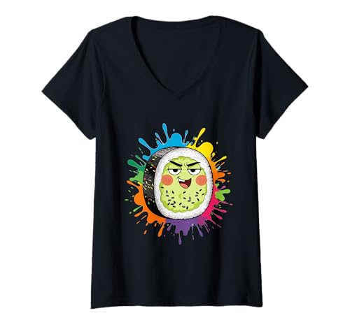 Damen Sushi Cartoon Rolle Farb Splash Illustration T-Shirt mit V-Ausschnitt Damen Sushi Cartoon Rolle Farb Splash Illustration T-Shirt mit V-Ausschnitt von Food of the World - Sushi