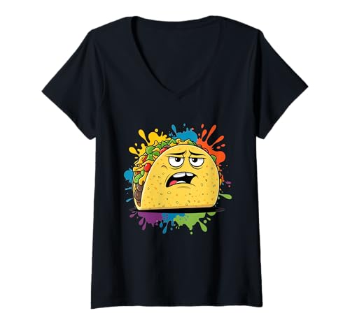 Damen Genervter Taco Cartoon Figur Farbspritzer T-Shirt mit V-Ausschnitt Damen Genervter Taco Cartoon Figur Farbspritzer T-Shirt mit V-Ausschnitt von Food of the World - Taco