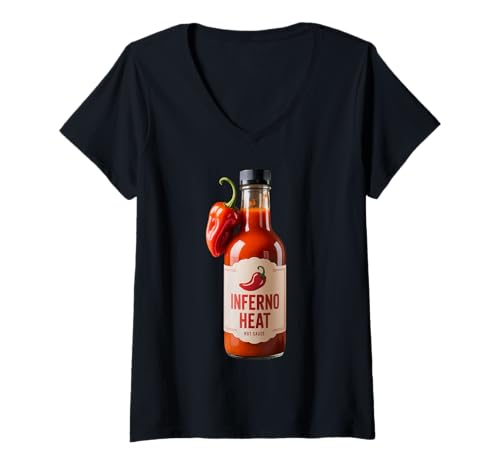 Damen Mexikanische scharfe Sauce Pepper Sauce Habanero Hot Sauce T-Shirt mit V-Ausschnitt Damen Mexikanische scharfe Sauce Pepper Sauce Habanero Hot Sauce T-Shirt mit V-Ausschnitt von Foodie Hot Sauce Costume Hot Sauce Bottles Design