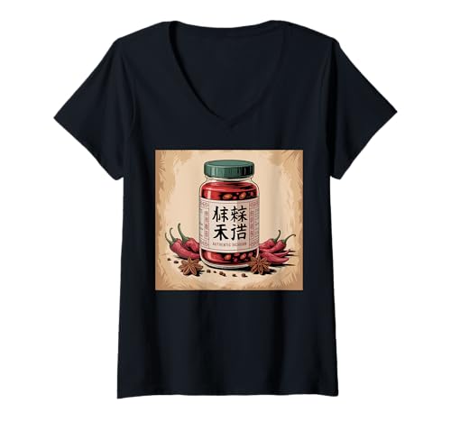 Damen Würzige scharfe Sauce Pepper Sauce Chinesische scharfe Sauce T-Shirt mit V-Ausschnitt Damen Würzige scharfe Sauce Pepper Sauce Chinesische scharfe Sauce T-Shirt mit V-Ausschnitt von Foodie Hot Sauce Costume Hot Sauce Bottles Design