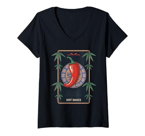 Damen Würzige scharfe Sauce Pepper Sauce Chinesische scharfe Sauce T-Shirt mit V-Ausschnitt Damen Würzige scharfe Sauce Pepper Sauce Chinesische scharfe Sauce T-Shirt mit V-Ausschnitt von Foodie Hot Sauce Costume Hot Sauce Bottles Design