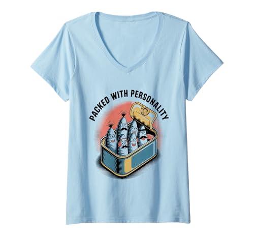 Damen Voller Persönlichkeit Lustiger Sardinenliebhaber Fischliebha T-Shirt mit V-Ausschnitt Damen Voller Persönlichkeit Lustiger Sardinenliebhaber Fischliebha T-Shirt mit V-Ausschnitt von Foodie Seafood Beach Sardinen Dose Grafik