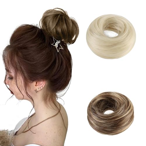 Foonary 2er Pack Ponytail Extension Dutt Haarteil Mit Gummiband, Donut-Bun Haarteile Haargummi, Voluminöses Haaraccessoire, Extra großer Dutt-Maker für dicke Haare für Damen Mädchen (Gold + Hellbraun) von Foonary