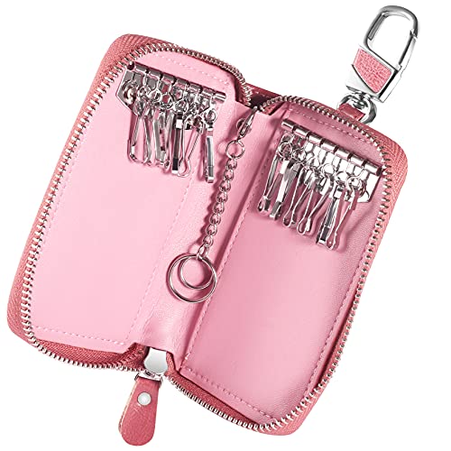 Foonii Schlüsseletui Leder, Schlüsselmäppchen für Damen, Rosa Multifunktionale Schlüsselmäppchen PU Leder Praktisch Autoschlüssel Auto Key Schlüsseltasche Hülle Tasche mit Reißverschluss, 12 Haken von Foonii