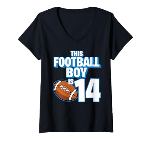 Damen 14 Jahre Alter Geburtstag Fußballspieler Kinder Junge 14. Nummer T-Shirt mit V-Ausschnitt von Football Boy Birthday Tees