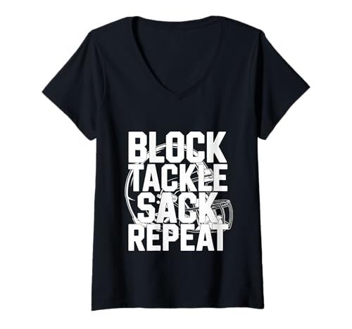 Damen Block Tackle Sack Repeat Defensive Fußballstrategie - T-Shirt mit V-Ausschnitt Damen Block Tackle Sack Repeat Defensive Fußballstrategie - T-Shirt mit V-Ausschnitt von Football Defense Grind Game