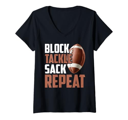 Damen Block Tackle Sack Repeat Defensive Fußballstrategie - T-Shirt mit V-Ausschnitt Damen Block Tackle Sack Repeat Defensive Fußballstrategie - T-Shirt mit V-Ausschnitt von Football Defense Grind Game