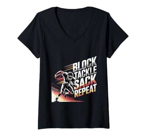 Damen Block Tackle Sack Repeat Defensive Fußballstrategie - T-Shirt mit V-Ausschnitt Damen Block Tackle Sack Repeat Defensive Fußballstrategie - T-Shirt mit V-Ausschnitt von Football Defense Grind Game