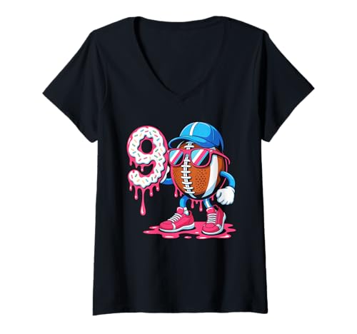 Damen Fußball 9 Jahre alt Eiscreme Drip 9. Geburtstag T-Shirt mit V-Ausschnitt von Football Drip 9 Birthday