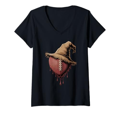 Damen Halloween Vogelscheuche American Football Footballspieler T-Shirt mit V-Ausschnitt Damen Halloween Vogelscheuche American Football Footballspieler T-Shirt mit V-Ausschnitt von Football Gift For A Football Player