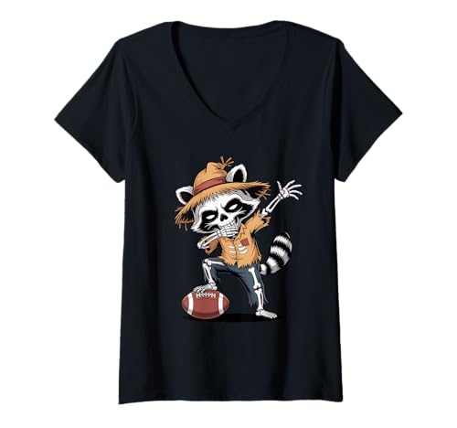 Damen Halloween Waschbär Dabbing American Football T-Shirt mit V-Ausschnitt Damen Halloween Waschbär Dabbing American Football T-Shirt mit V-Ausschnitt von Football Gift For A Football Player