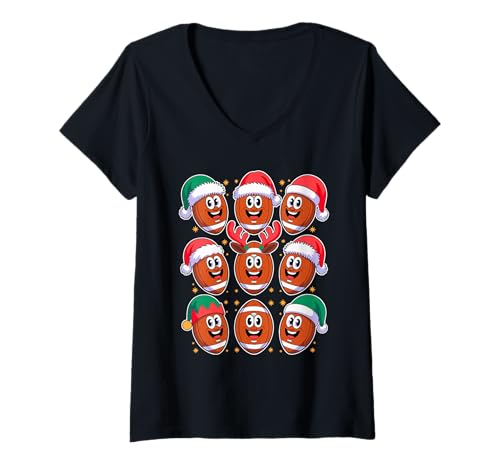 Damen Weihnachten American Football Weihnachtsmann Mütze T-Shirt mit V-Ausschnitt Damen Weihnachten American Football Weihnachtsmann Mütze T-Shirt mit V-Ausschnitt von Football Gift For A Football Player