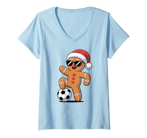 Damen Weihnachten Fußball Winter T-Shirt mit V-Ausschnitt von Football Humor Soccer Christmas