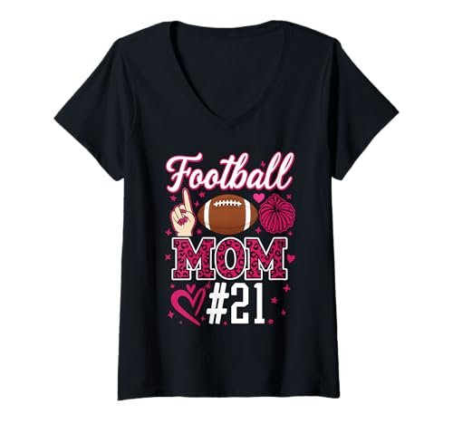 Damen Fußball Mama #21 Lustige Mutter Frau Unterstützer Mädchen Sohn Fan T-Shirt mit V-Ausschnitt von Football Mom Love Apparel