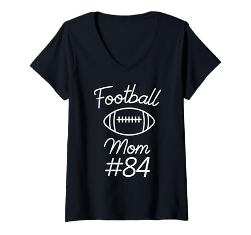 Damen Fußball Mama Nummer 84 Biggest Fan Woman Team Game My Son T-Shirt mit V-Ausschnitt von Football Mom Numbered Apparel