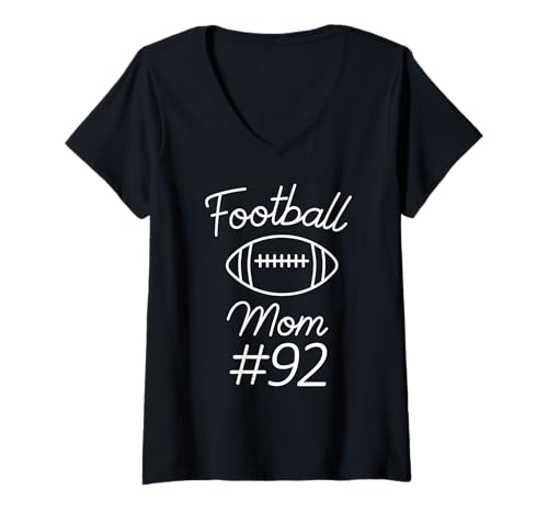 Damen Fußball Mama Nummer 92 Biggest Fan Woman Team Game My Son T-Shirt mit V-Ausschnitt von Football Mom Numbered Apparel