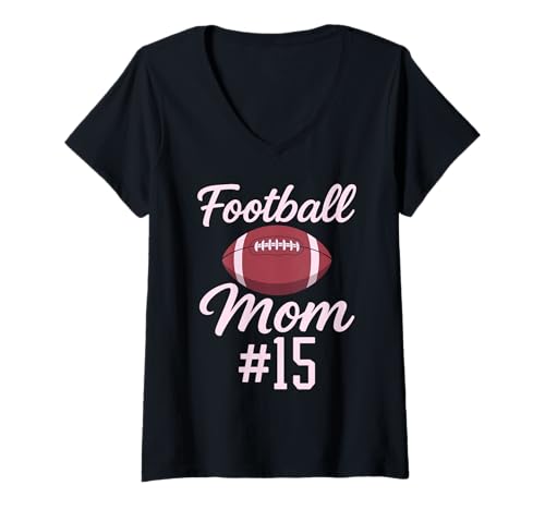 Damen Fußball Mama #15 Lustiges Mutter Frau Touchdown Mädchen Sohn Spiel T-Shirt mit V-Ausschnitt von Football Mom Pink Apparel