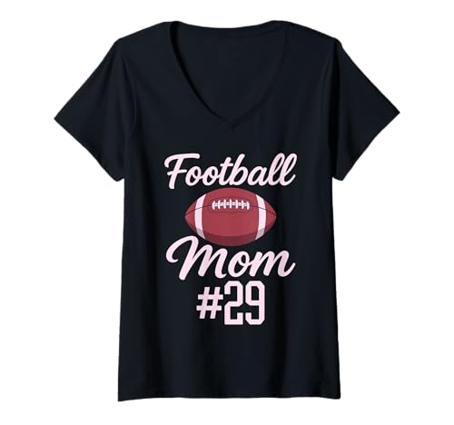 Damen Fußball Mama #29 Lustiges Mutter Frau Touchdown Mädchen Sohn Spiel T-Shirt mit V-Ausschnitt von Football Mom Pink Apparel