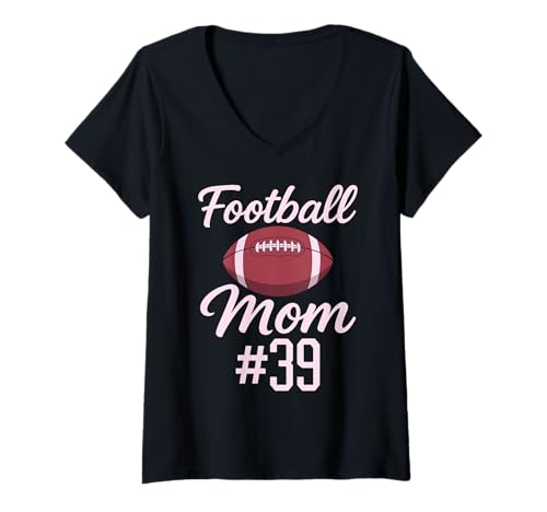 Damen Fußball Mama #39 Lustiges Mutter Frau Touchdown Mädchen Sohn Spiel T-Shirt mit V-Ausschnitt von Football Mom Pink Apparel