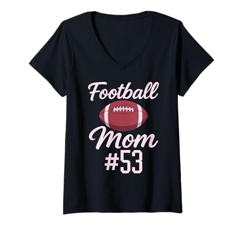 Damen Fußball Mama #53 Lustiges Mutter Frau Touchdown Mädchen Sohn Spiel T-Shirt mit V-Ausschnitt von Football Mom Pink Apparel