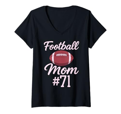 Damen Fußball Mama #71 Lustiges Mutter Frau Touchdown Mädchen Sohn Spiel T-Shirt mit V-Ausschnitt von Football Mom Pink Apparel