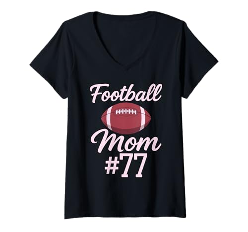 Damen Fußball Mama #77 Lustiges Mutter Frau Touchdown Mädchen Sohn Spiel T-Shirt mit V-Ausschnitt von Football Mom Pink Apparel