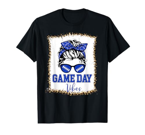 Marineblau und Weiß Game Day Vibes Fußball Frauen Leopardenmuster T-Shirt von Football Outfits for Women Football Mom Shirts DNG