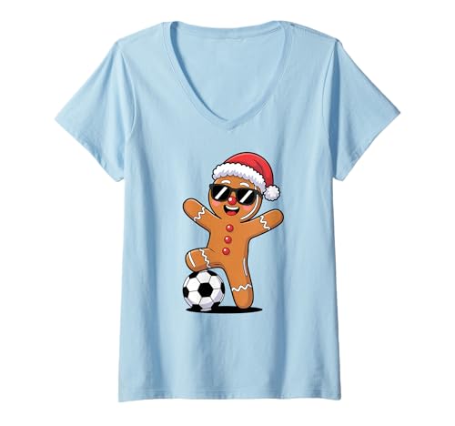 Damen Fußball Weihnachten Winter T-Shirt mit V-Ausschnitt Damen Fußball Weihnachten Winter T-Shirt mit V-Ausschnitt von Football Winter Christmas Soccer Cartoon