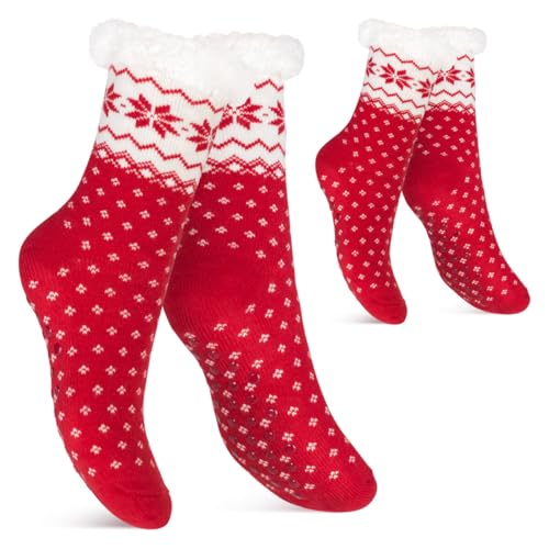 Footstar Damen und Herren Winter Haussocken (2 Paar) Kuschelsocken - Rot 35-38 von Footstar