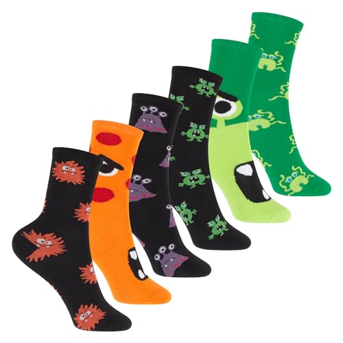 Footstar Bunte Baumwoll Socken mit lustigen Motiven für Mädchen & Jungen (6 Paar) - Monster 31-34 von Footstar